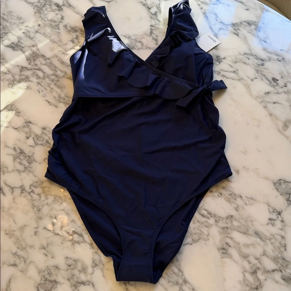 NWT Quince Italian Maternity One-Piece Ruffle Wrap Swimsuit Navy Blue Sz Large - Picture 6 of 11